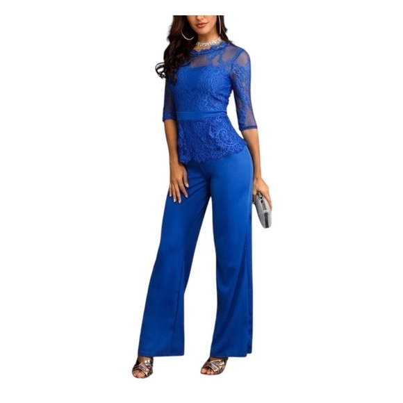 Royal Blue Lace Jumpsuit Wide Leg Formal Evening Party Romper Size M - Picture 1 of 6